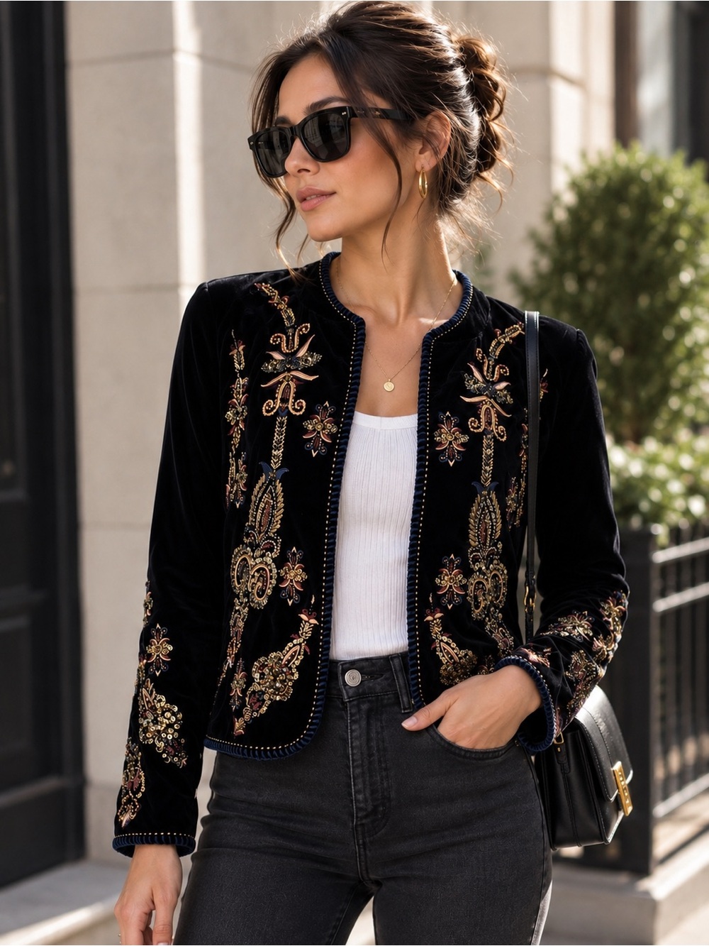Zara Black Velvet Embroidered sequin beaded Open-Front Jacket L